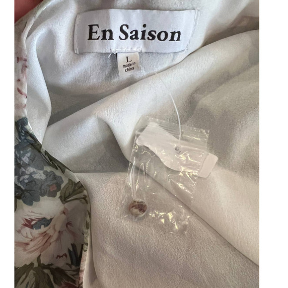 EN SAISON Floral Pleat Long Sleeve Wrap Midi Dress In Natural (L) - Picture 6 of 8